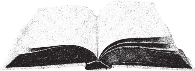 Open book with xerox effect black and white vector illustration grainy textured vintage distressed old book reading literature education wisdom knowledge learn study textbook novel story poetry