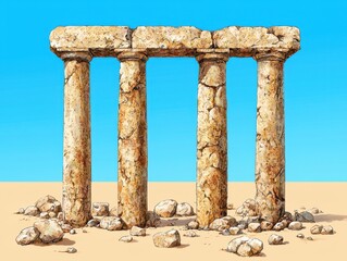 Fototapeta premium Weathered Stone Ruins in a Desert Landscape Under a Bright Blue Sky