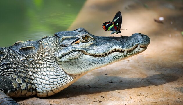 crocodile with a butterfly on his snout