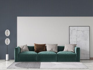 Mock up of an exclusive living room with perfect design with a comfortable stylish sofa and a cool decorative background, 3D rendering.
