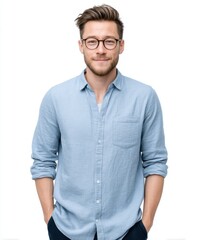 Stylish Young Man in Casual Blue Shirt with Glasses