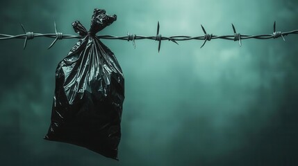 Torn plastic bag tangled in barbed wire, pollution and danger theme