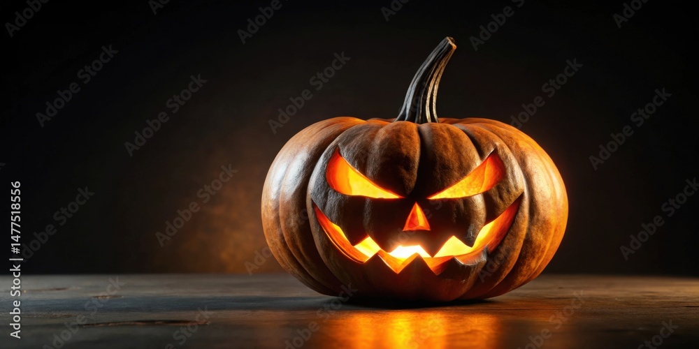 Poster illuminated jack-o'-lantern with menacing grin sits on dark wooden surface, glowing intensely agains