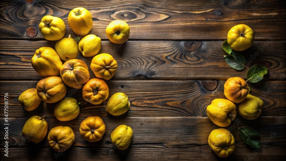 Aufkleber rustic wooden tabletop display featuring an abundance of golden quinces arranged artistically with g