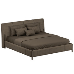 A bed with a brown comforter and pillows