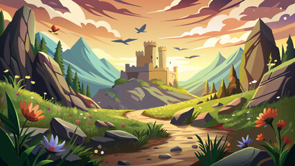 Around the castle, patches of wildflowers grow among the rocks, softening the dramatic landscape with natural beauty. Birds circle above the battlements, their shadows dancing over stone and sky.

