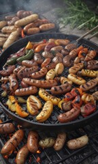 Fototapeta premium Grilled vegetables and sausages on a hot black BBQ , bbq food, hot