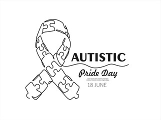 Single continuous line drawing campaign ribbon made from puzzle pieces. A form of concern for others. They need our attention. Caring. Autistic Pride Day. One line design vector illustration.Editable

