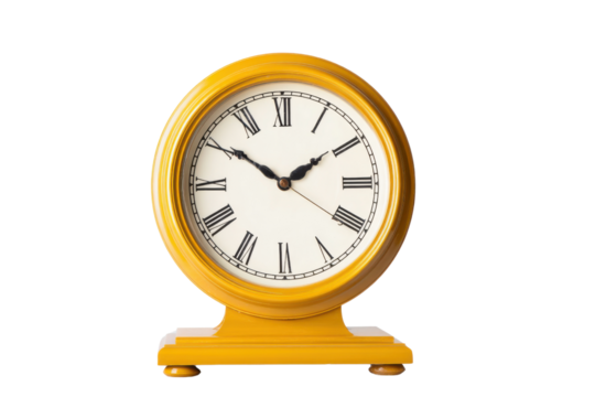 Elegant yellow table clock with Roman numerals on a transparent background vector, showcasing time management and vintage style