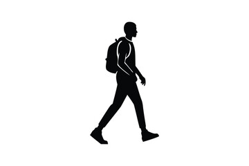 A man is walking with a backpack silhouette on white background