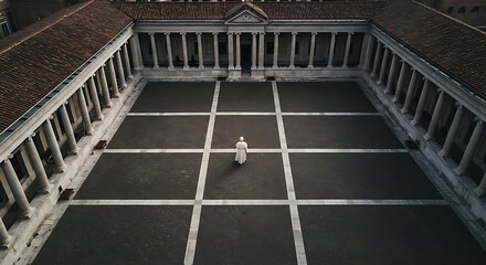 Fototapeta premium Photorealistic aerial perspective of Pope walking alone in a cloister courtyard, overcast diffused lighting, moody atmosphere, symmetry in architecture, shot with a drone camera