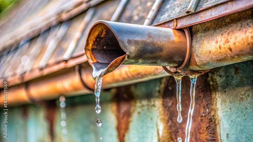 Poster rusty downspout with dripping water, showcasing the effects of weathering and time on metal