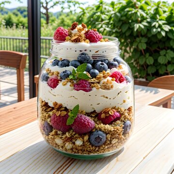 Healthy Frozen Yogurt Breakfast Parfait: Nutritious frozen yogurt with fresh berries and granola in elegant glass jar, perfect for health food brands and lifestyle blogs.