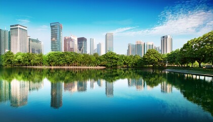 Fototapeta premium city reflected in lake with trees on buildings
