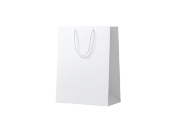 Minimalist white paper shopping bag with rope handles on a black background, ideal for branding and product presentation mockups