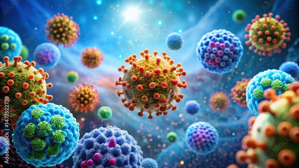 Aufkleber microscopic view of diverse viral and cellular structures in a complex biological environment