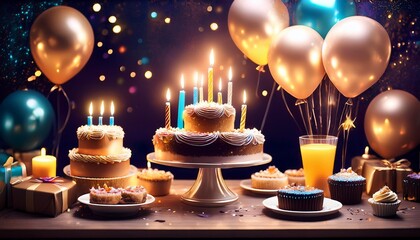 Obraz premium magical birthday night celebration cakes candles and balloons