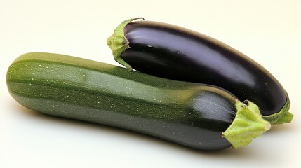 Two fresh, long vegetables, one dark purple and one light green, on a plain white background