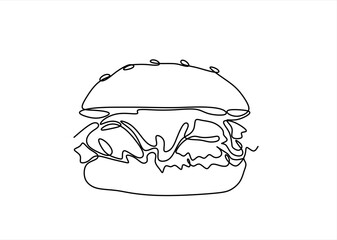 Continuous one line drawing of burger. Single line drawing of hamburger . Silhouette of fast food restaurant burger with cheese, cutlet and salad. Modern design street food logo, banner. Editable	