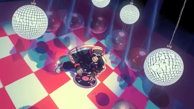 Animated DJ monkey spinning vinyl on a retro disco floor with mirror balls and colorful lighting in a funky dance scene.

