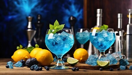 Blue Lagoon cocktail. Blue cocktail on the bar counter. Drink with martini, vodka, rum, tequila and fruit on the background of bottles with alcohol. Glass with booze on a wooden board.