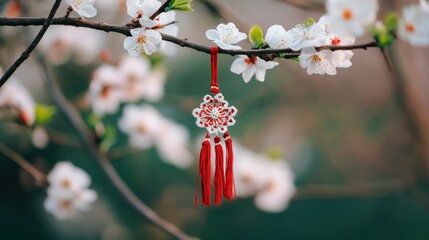 Delicate embroidered charm hanging from blossom branch