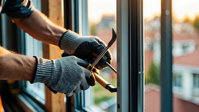 Worker in gloves using pry bar to install window frame in building construction site with houses in background sunset
