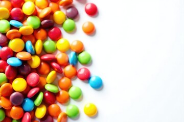 Obraz premium Pile of colorful candy and chips on white background, sugar rush, crisps, high calorie