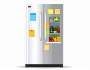 Health info tips concept. Refrigerator with colorful notes and fresh produce displayed inside.
