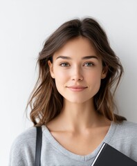 Fototapeta premium Young Woman with Book Looking Confidently at Camera
