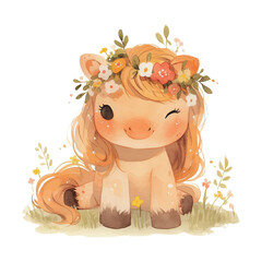 Cute pony illustration with floral crown in a meadow setting surrounded by flowers