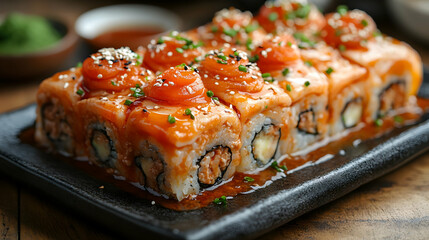 Delicious sushi rolls topped with salmon and garnished with herbs