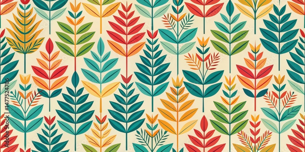 Poster vibrant stylized floral pattern featuring a diverse array of leaves and blossoms in a repeating desi