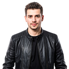 Obraz premium Young Man Wearing Black Leather Jacket Portrait, Fashion Style