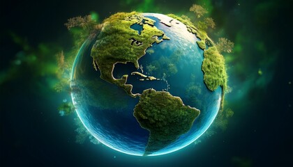 Obraz premium glowing globe with moss continents and water oceans