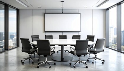 Modern conference room interior with blank white screen on wall and round meeting table surrounded by black office chairs in clean layout.