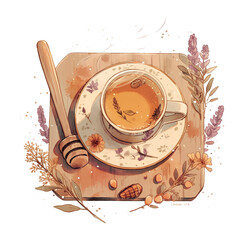 Warm herbal tea served with honey and flowers on a wooden board in a cozy setting during autumn