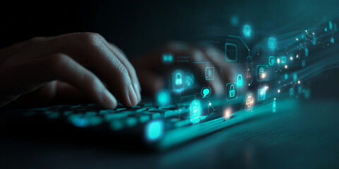 Close-up of hands typing on keyboard, glowing cyan data icons floating above, symbolizing digital security, online communication, and data protection
