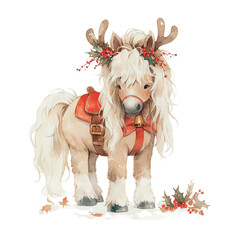 Cute pony with antlers and festive decorations surrounded by holly and berries during holiday season