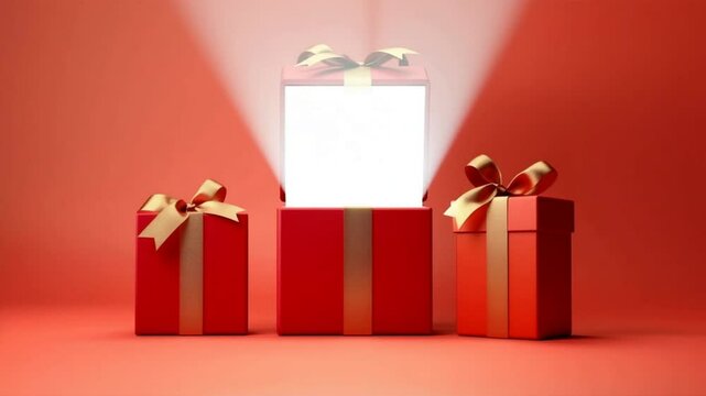 Three elegant red gift boxes with golden ribbons on a vibrant red background, perfect for celebrations and occasions.