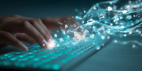 Close-up of hands typing on glowing keyboard, digital icons emanating, symbolizing online shopping, e-commerce, and digital technology