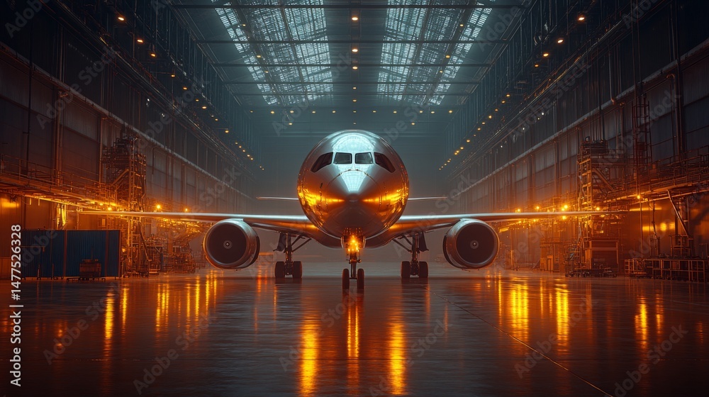 Poster an aircraft is positioned in a large, dimly lit hangar where warm lights illuminate the structure. w