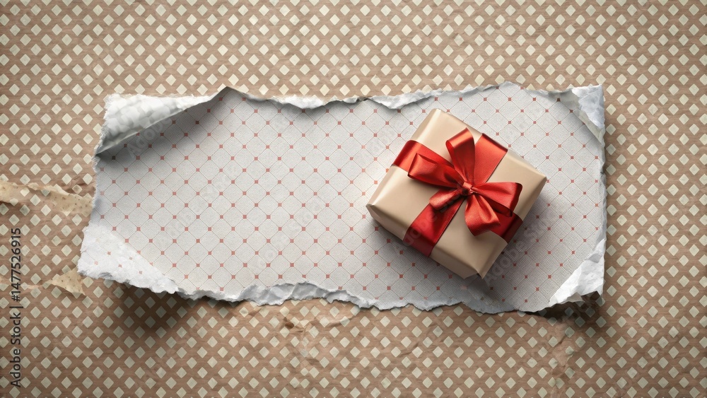 Poster a wrapped present on a torn piece of patterned paper with a red bow