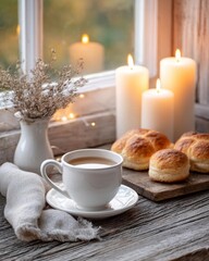 Fototapeta premium Cozy breakfast setting with tea, pastries, and soft candlelight.