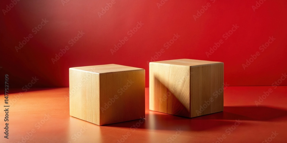 Poster Two light wooden blocks on a red surface against a red background.  A simple, clean product display setting.