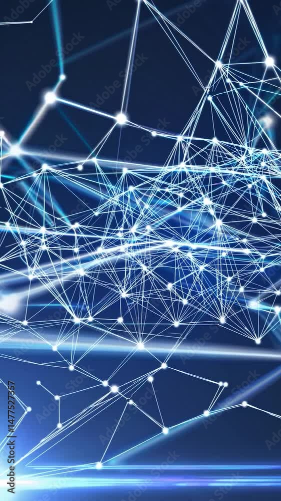 Poster white lines and dots forming a plexus network are transforming and evolving on a dark blue backgroun
