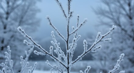 Obraz premium Icy Branches of Young Tree Covered in Hoarfrost in Winter Landscape Symbolizing Purity Tranquility Cold Season and Resilience in the Wilderness