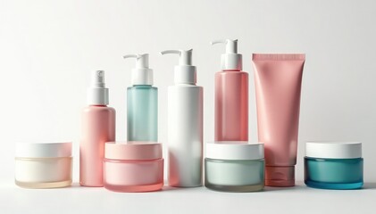 Assortment of various cosmetic containers on white, texture, image, clean