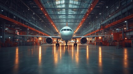 An aircraft is positioned inside a spacious aviation engineering facility, with bright overhead lights illuminating the area. Workers are visible, focused on maintenance tasks.
