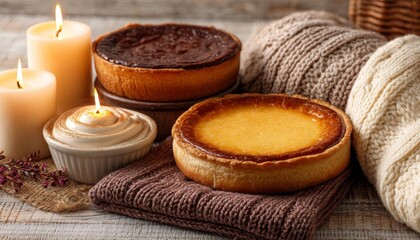 Delicious desserts on a cozy blanket with candles lighting the scene.